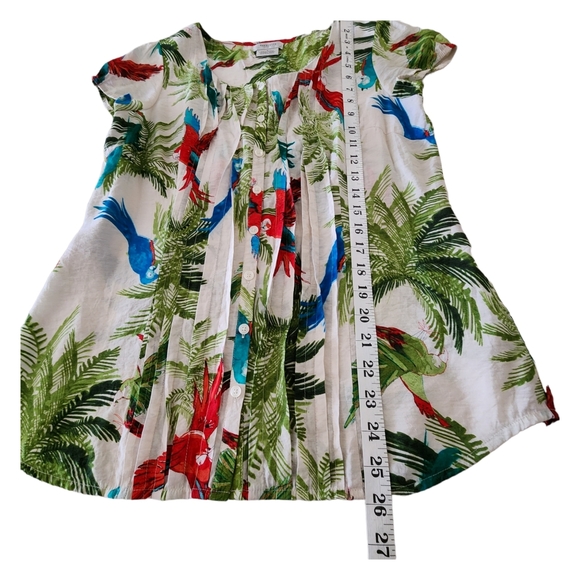 Vintage Style Pleated Front Cap Sleeve Coloful Tropical Parrot Blouse Size M - Picture 5 of 6